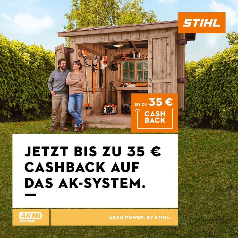 Stihl Cashback-Aktion 2025 - Jetzt bis zu 35 € Cashback auf das AK-System.